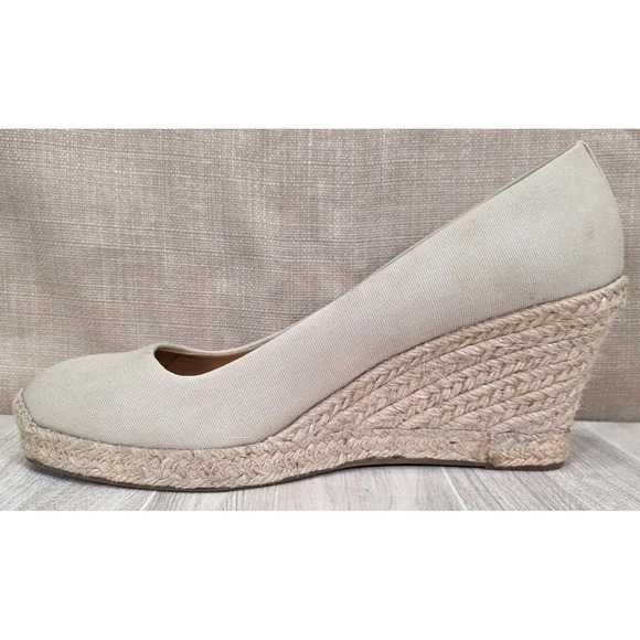 J Crew Beige Cream Canvas Woven Wicker Seville Espadrilles Wedge Heel Size 10.5 - Picture 2 of 10